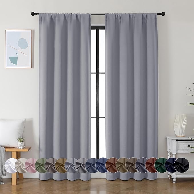 Simplebrand Ava Silver Grey Blackout Curtains for Bedroom, 72 Inch Length 2 Panels, Privacy Thermal Insulated Rod Pocket Window Curtains for Patio French Door, W40 x L72 Inch
