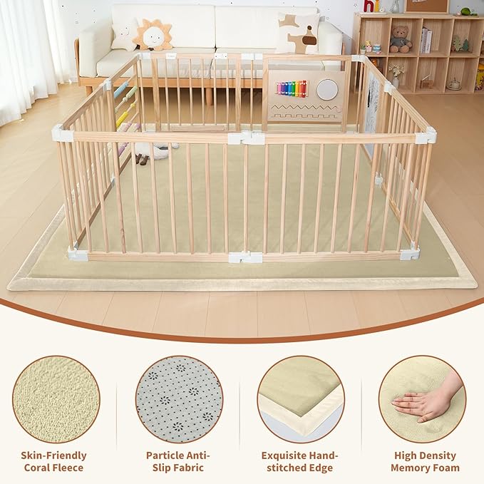 SUNYRISY Baby Play Mat for Floor 80 x 80in, 1.4in Thick Memory Foam Padded Play Mats Baby Rug, Soft Velvet Infants Toddler Kids Crawling Mat for Nursery, Non-Slip Bottom, Beige