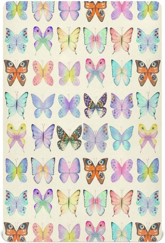 Retro Butterflies Colorful Crib Sheets for Boys and Girls, Fitted Baby Crib Sheets Soft and Breathable Mini Crib Sheets 52 X 28 Inches
