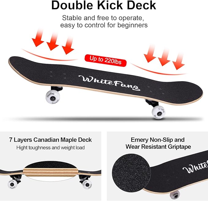 WhiteFang Skateboards for Beginners, Complete Skateboard 31 x 7.88, 7 Layer Canadian Maple Double Kick Concave Standard and Tricks Skateboards for Kids and Beginners