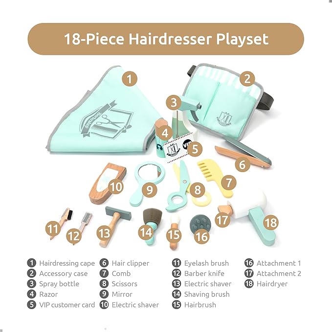 UMU® Wooden Kids Hair Salon Playset, Makeup Toy Set, Hair Styling Toys for Girls, Kids Shaving Kit for Boys, Kids Barber Playset, Gifts for 3 4 5 Year Old Girls Boys (18 PCS)