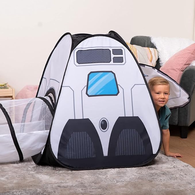 JOYIN White Rocket Ship Pop up Play Tent with Tunnel and Playhouse Kids Indoor Outdoor Spaceship Tent Set