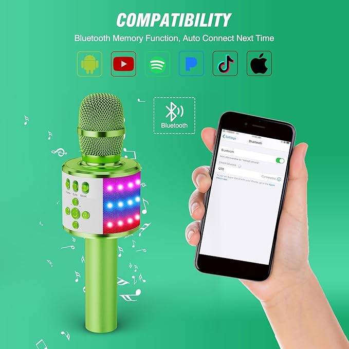 BONAOK Karaoke Microphone for Kids & Adults - Bluetooth Microphones Singing Mic with Disco Lights, Echo Effect, Built-in Speaker Portable Karaoke Player for Party Travel Gifts Q78(Green)