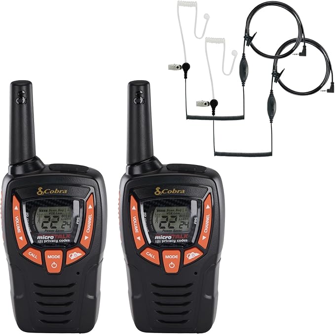 Cobra ACXT345 Weather-Resistant Walkie Talkies & Compatible Cobra Surveillance Headset - Rechargeable, 22 Channels, Long-Range, 2 Two-Way Radios, 2 Headsets, Black/Orange