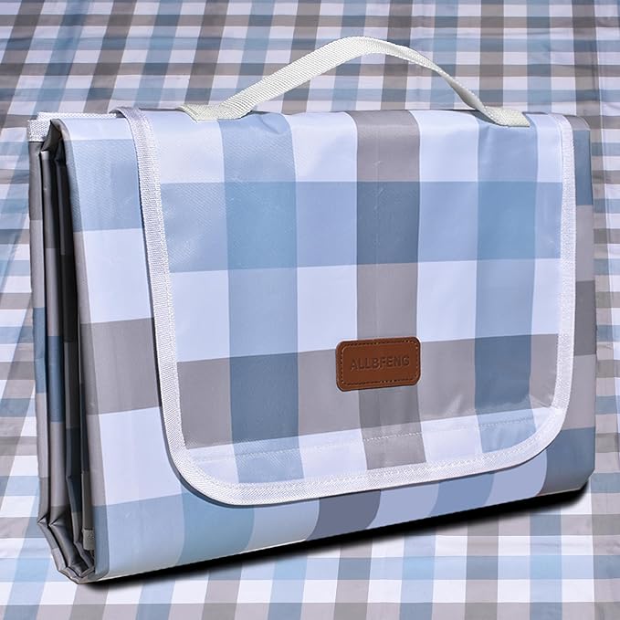 80"x60" Waterproof Sandproof Picnic Mat - Portable Foldable Outdoor Blanket for Beach, Park, Travel & Indoor Use - Lightweight Compact Design, Easy-Carry (Blue&Gray)