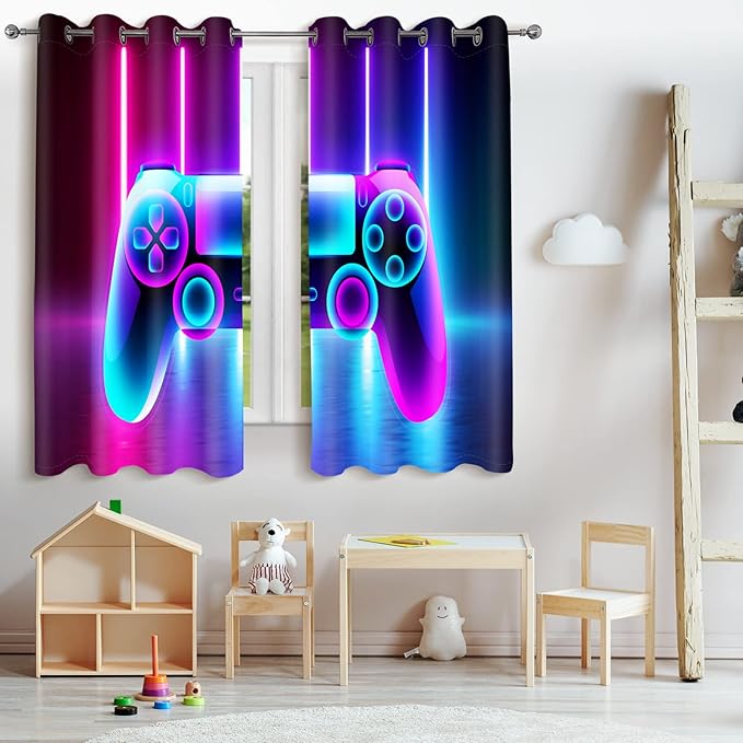 Jekeno Game Controller Blackout Curtains for Kids Boys Teens Bedroom Colorful Video Game Gamer Gaming Gamepad Decor for Home Living Room Grommet Window Drapes 2 Panel Set, 52"x63"