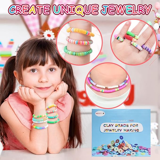 Redtwo 7400 Pcs Clay Beads Bracelet Making Kit for Biginner, 48 Colors for Friendship Jewelry Making Kit, Flat Polymer Heishi Beads with Charms Gifts for Teen Girls Crafts for Girls Ages 8-12
