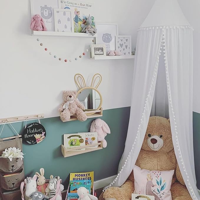 Bed Canopy with Pom Pom Cotton Canopy for Kids Crib Baby Girl Netting Cover Canopy Crib Curtain Reading Nook Hanging Tent Nursery Play Game Castle Room Decoration (White)