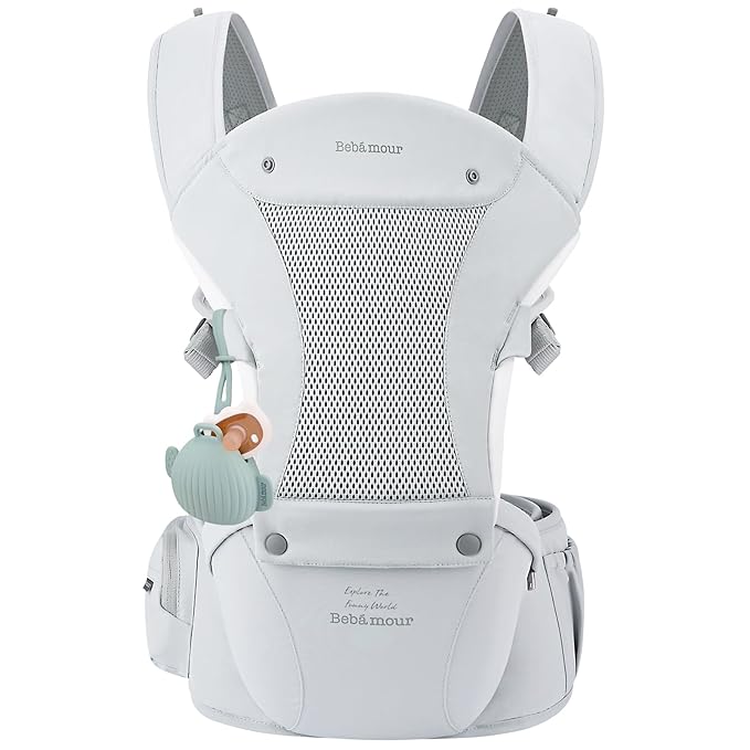 Bebamour Baby Carrier with Hip Seat,All-Position Breathable Mesh Hip Seat & Carrier 0-36Months with Head Hood, 3 PCS Teething Pads, Waist Extender,Storage Bag & Pacifier Case (Grey)
