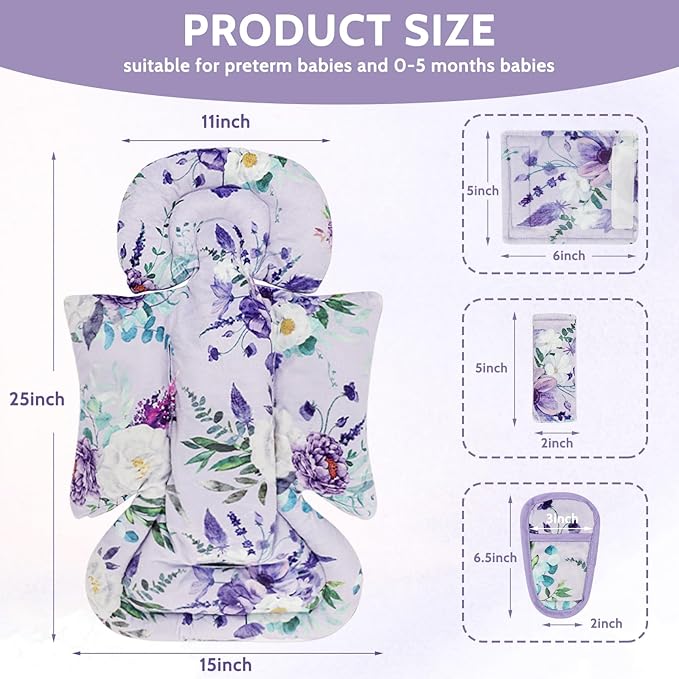 Infant Car Seat Insert and Strap Covers, Very Soft Car Seat Head Support Baby Girl Boy, Reversible Newborn Carseat Insert Cushion Fits for Stroller, Baby Swing, Bouncer (Purple Floral)