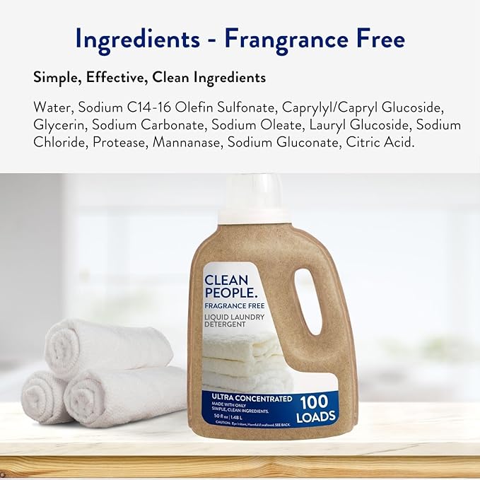 The Clean People Liquid Laundry Detergent - Recyclable Packaging, Stain Fighting - Ultra Concentrated, Laundry Soap - Fragrance Free, 50 fl oz (2 Pack)