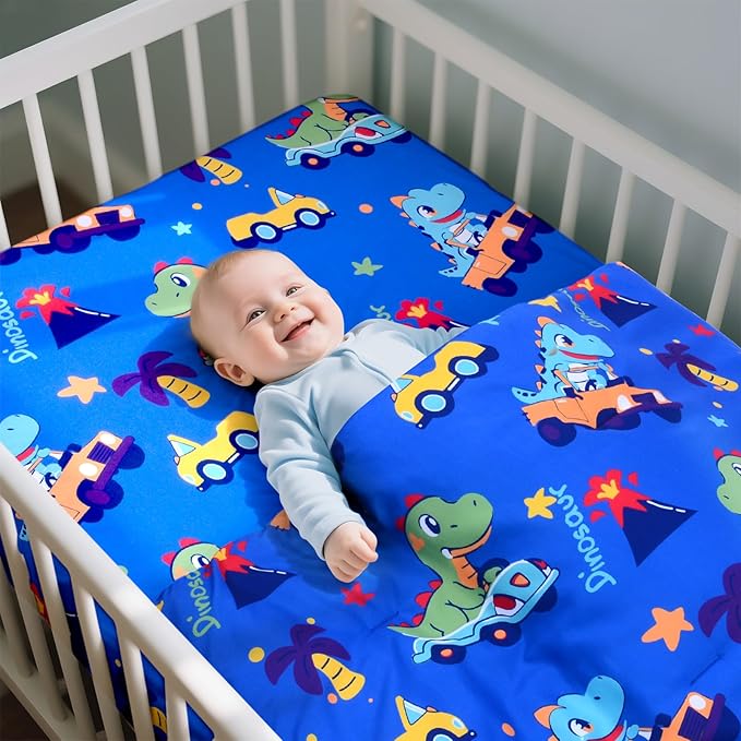 Cloele Dinosaur Crib Bedding Sets for Boys - 3 Piece Standard Size Baby Bedding Set Includes Crib Comforter Fitted Sheet Crib Skirt - Nursery Bedding Set for Boys and Girls