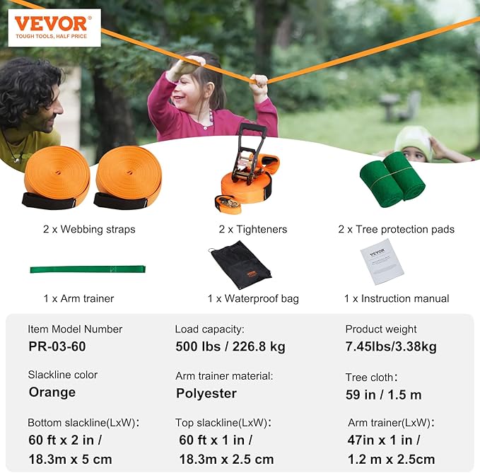 VEVOR Slackline Kit with Training Line, 60 ft Backyard Slack Line Equipment, Easy Setup Tight Rope for Kids Adults, Complete Slackline Set with Tree Protectors, Arm Trainer, Carry Bag, and Instruction