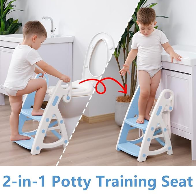 Potty Training Seat:2 in 1 Design Potty Seat for Toilet & Nursery Step Stool for Sink, Potty Training Toilet with Height Adjustable Ladder for Kids of All Ages (Arctic)