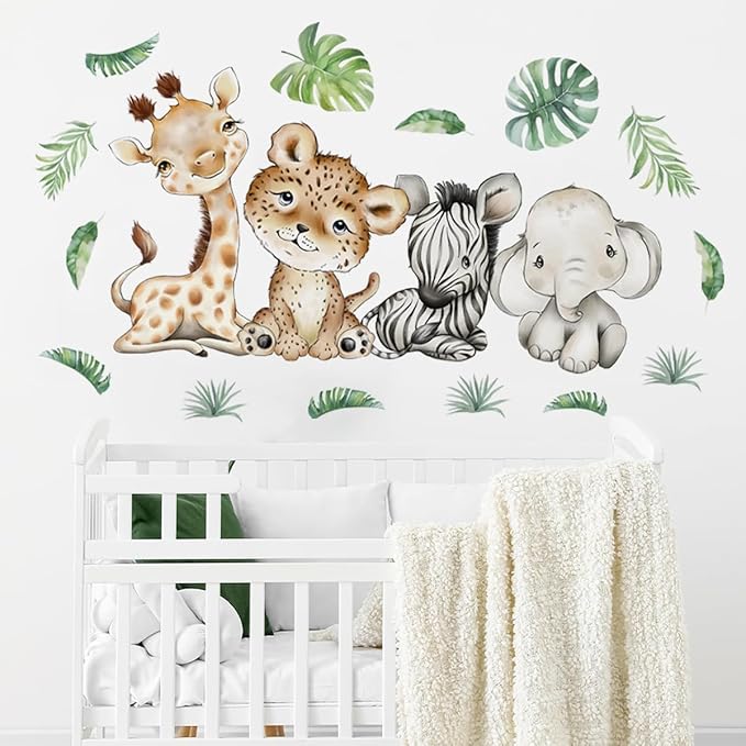 44.88 x22.98 Inch Watercolor Jungle Animal Wall Decals - Tiger, Elephant, Zebra Peel & Stick Wall Art Stickers for Baby Nursery, Playroom, Bedroom, Classroom & Kindergarten Decor