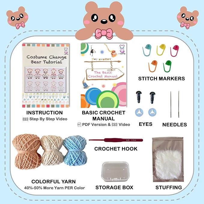LoopMap Crochet Kit for Beginners - DIY Amigurumi Bear with Removable Dress & Accessories - Step-by-Step Video Tutorials, Extra Yarn, Crochet Tools, Handmade Gift for Kids & Adults (Bear K02, Blue)