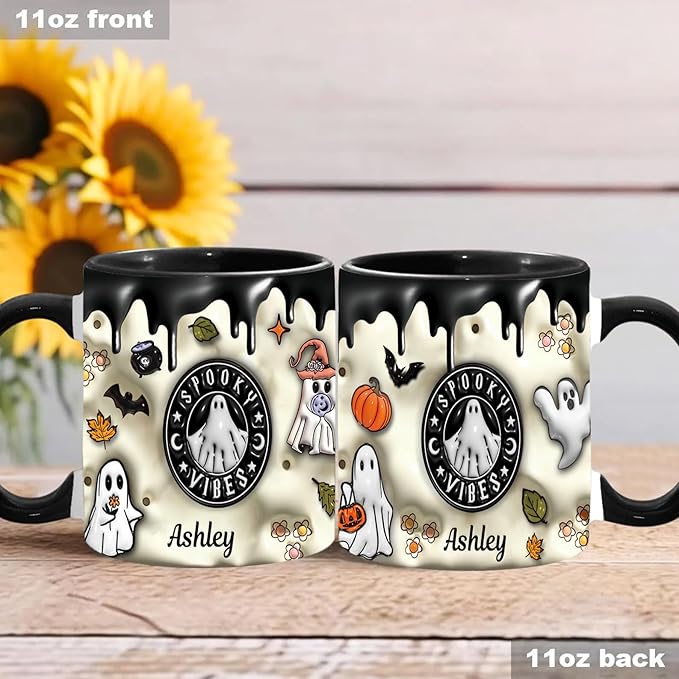 Custom Halloween Coffee Mug with Names, Pumpkin Coffee Cup, Personalized Ghost Ceramic Coffee Mug, Spooky Vibes Trick Or Treat Halloween Accent Mug, Spooky Season Gift for Women Men 11 Oz