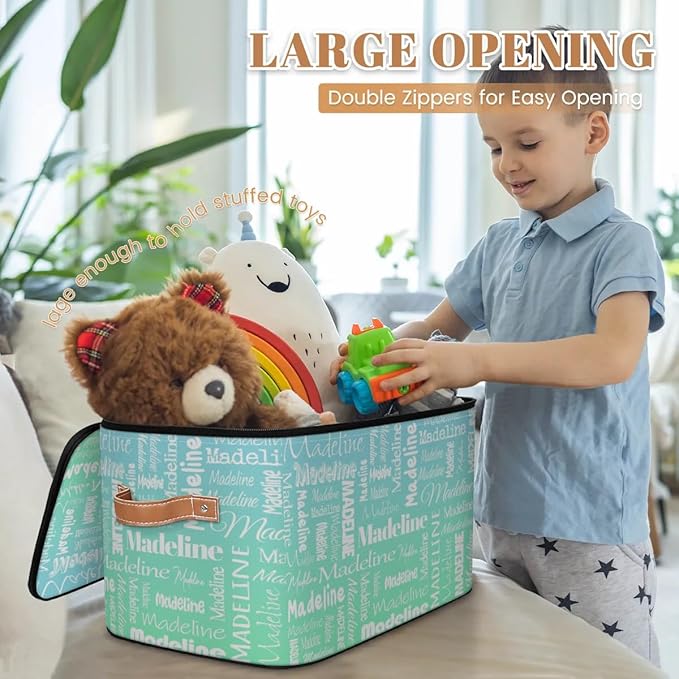 Custom Storage Basket with Name, Personalized Storage Bins with Zipper Lid, Foldable Fabric Storage Box Large capacity with Handle Bright Green Blue