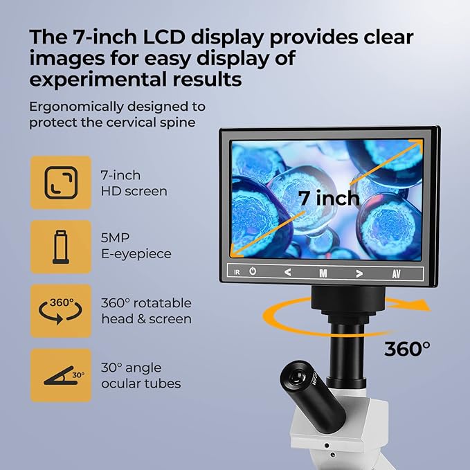 [Blood Version] Vabiooth Dual-View Compound Monocular Microscope 40X-2500X Magnification with 7" LCD Screen 5MP E-Eyepiece, Adjustable Mechanical Stage, Aluminum Carry Box for observing Live Blood