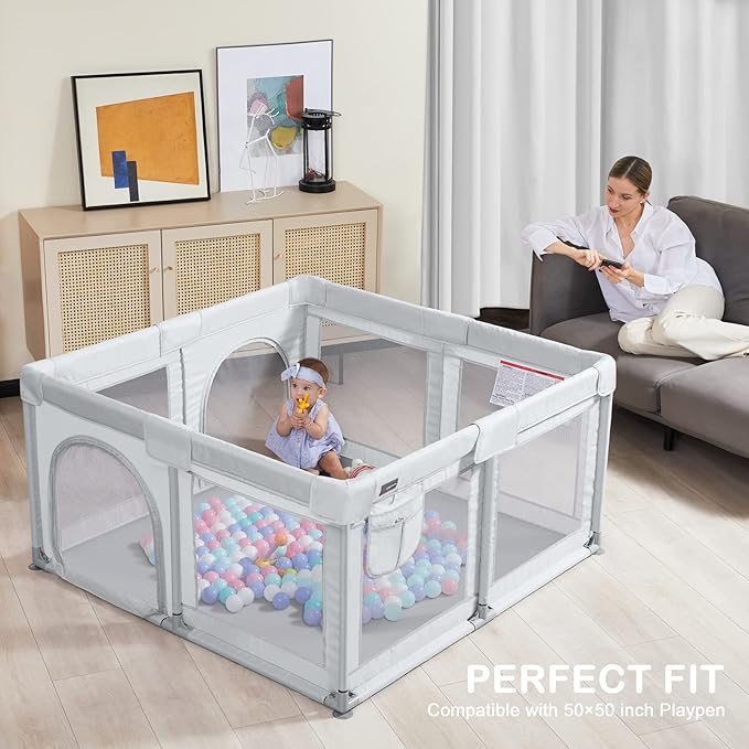 ANGELBLISS Baby Playpen Mat, Self-Inflating Play Mat for Babies and Toddlers, Roll Up & Waterproof Foam Crawling Mat for Floor, Portable Playmat for Babies with Travel Bag Grey (50×50in)