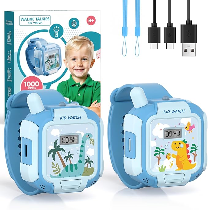 Walkie Talkies for Kids Rechargeable 2 Pack, Wearable Wrist & Lanyard Watch with Flashlight, Fun Stickers, Toys Gifts for Boys Girls Age 3-12 for Outdoor Camping, Hiking, Birthday, Christmas (Blue)