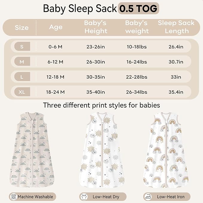 Baby Sleep Sack 18-24 Months 0.5 Tog Wearable Blanket Baby, 3 Pack 100% Cotton Lightweight Sleeping Sack with 2-Way Zipper for Infant Toddler Apricot White Sun Clouds