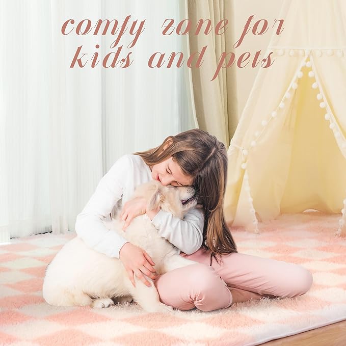 Super Soft Rug for Bedroom, 5x8 Ft Pink and White Area Rug Classic Checkered Shaggy Anti-Skid High Pile Soft Fluffy Rug Fuzzy Carpet for Living Room Bedroom Kids Room Nursery, Dorm Home Decor