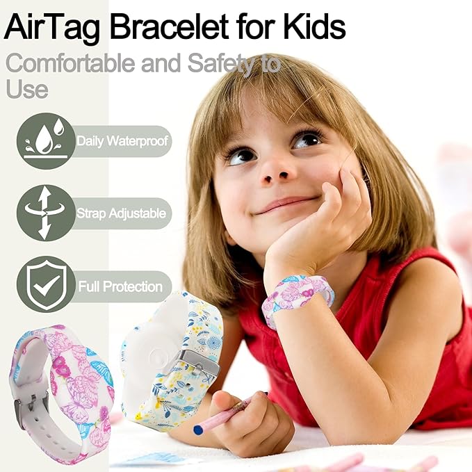 Waterproof Bracelet for AirTag Kids, Hidden Printed Wristband for Apple Air Tag, Silicone Holder for AirTag GPS Tracker Case for Band for Child Toddler, Secure Anti-Lost Protection(Butterfly)