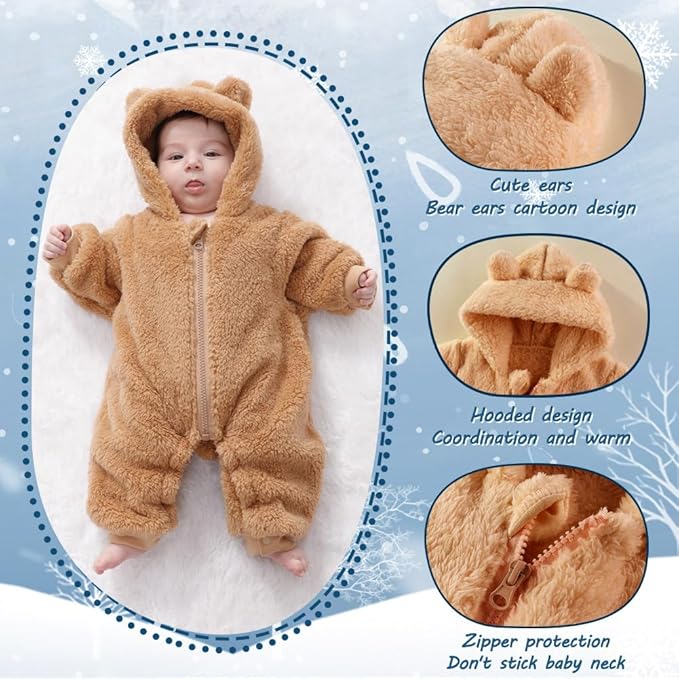 Newborn Baby Bear Outfit Suit Girls Boys Fleece Jumpsuit Romper Hooded Winter Snowsuit Clothes