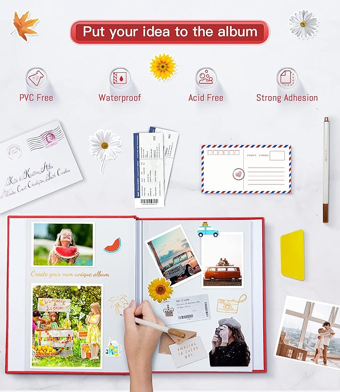 popotop Photo Album Self Adhesive with Picture Display Window,60 Pages DIY Scrapbooking Supplies Kit for 4x6 10x12 Picture,Linen Cover Memory Book for Baby Wedding, with Scraper and Metallic Pen