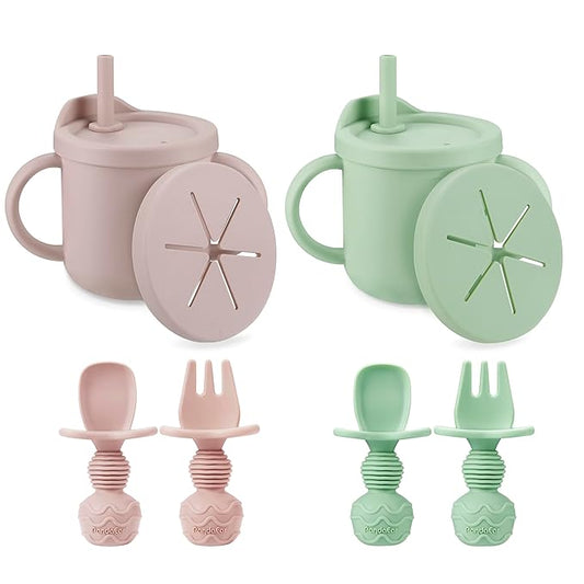 PandaEar 2 Pack Silicone Baby Straw & Snack Cup with 2 Spoons 2 Forks, Dual-Purpose Toddler Training Cups, Pink Green