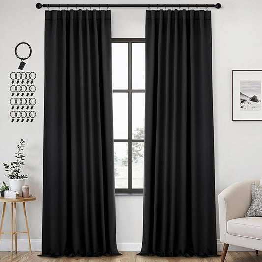 ANRODUO Back Tab Blackout Curtains for Bedroom Living Room, Rod Pocket Pinch Pleated Thermal Insulated Room Darkening Curtains 94 Inches Long 2 Panels, Black, 42 x 94 Inch