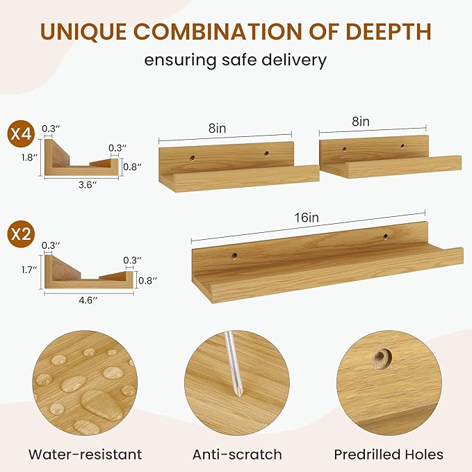 Axeman Picture Ledge Shelf, Floating Shelves for Wall Decor Storage Set of 6, 16 inch Floating Wall Mounted Shelves, Wall Shelves with Lip for Living Room, Bedroom, Nursery, Bathroom, Kitchen, Oak