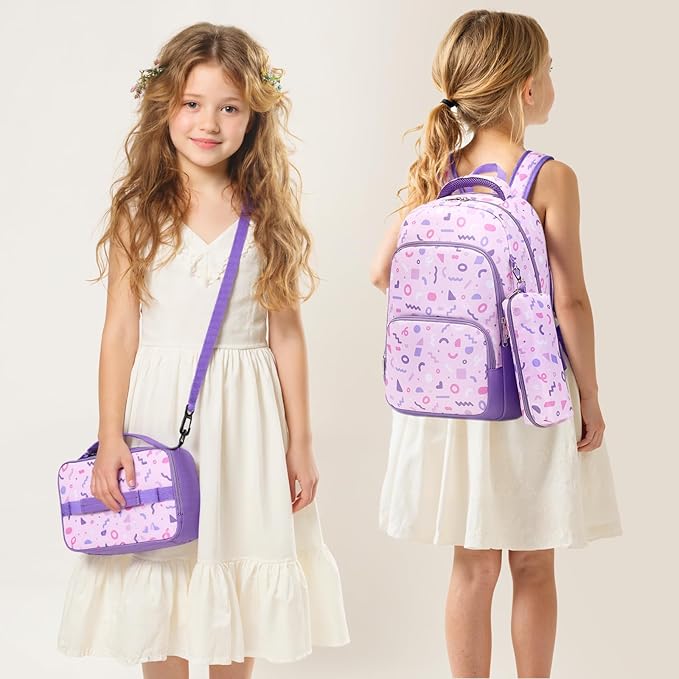 mygreen 3PCS Kids Backpack Set - Waterproof Bookbag with Lunch Box for Girls Ages 3-12, Adorable Cartoon Prints for School & Outdoor Use Purple
