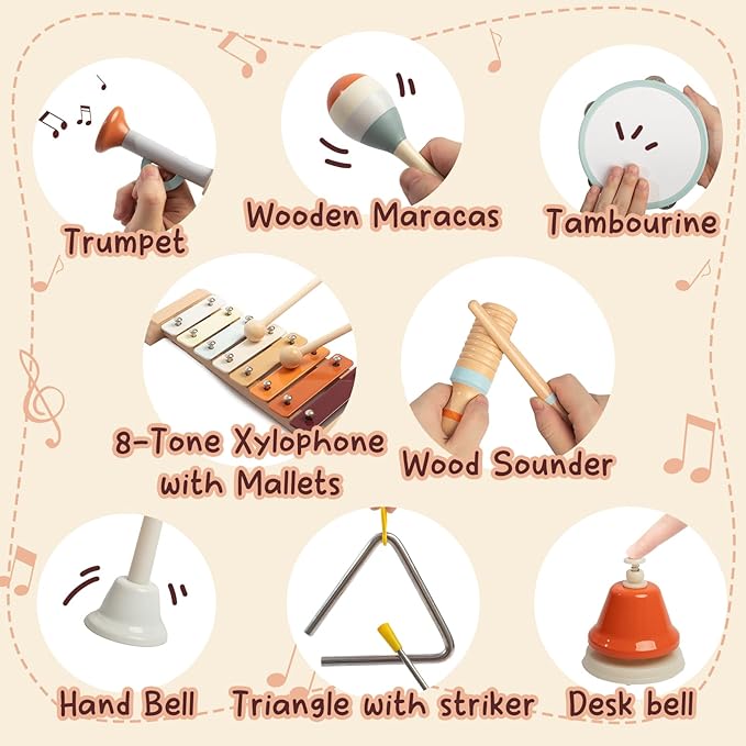 Toddler Musical Instruments Set, Montessori Baby Wooden Toys for Toddlers 1-3, Percussion Instruments for Kids with Xylophone, Neutral Colors Preschool Music Toys