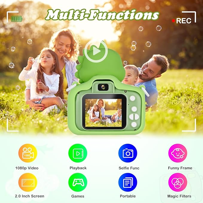 Kids Camera,HD Digital Video Camera,Childrens Toys for 3 4 5 6 7 8 9 Year Old Boys/Girls,Selfie Camera for Kids,Christmas Birthday Gifts with 32GB SD Card (Dinosaur Green)