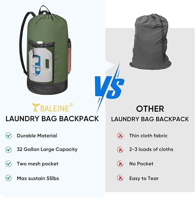 BALEINE 120L Laundry Bag Backpack, 900D Oxford Fabric Large Travel Laundry Bags with Shoulder Straps and 2 Mesh Pockets for College Dorm, Apartment, Laundromat (Green, 120L)