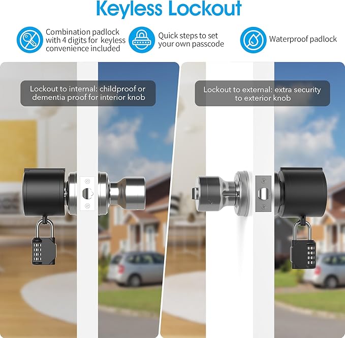 AST Door Knob Lockout Device with Passcode Padlock, Childproof Door Knob Cover, Lock Out to Smart Doorknob. Safety Cover for Faucet, Valve, Spigot. Prevent Access to Keyhole, Matte Black