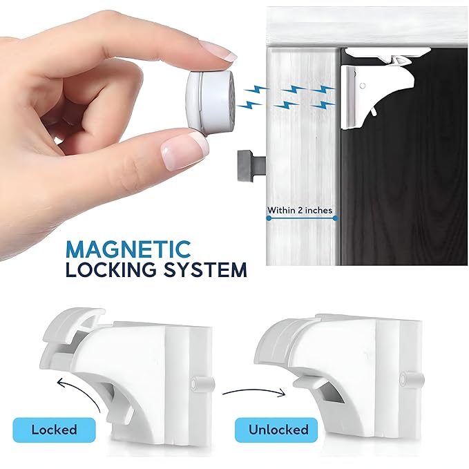 Magnetic Safety Lock Kit 6 Locks + 2 Keys, 3M Adhesive Easy Installation, Baby Proofing Magnetic Locks for Cabinets and Drawers