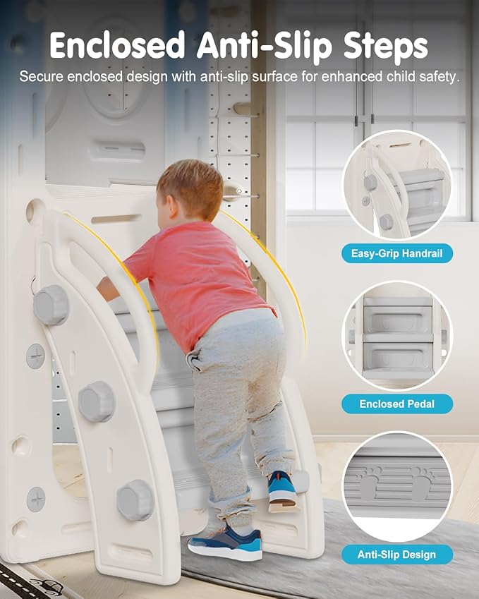 Babytronic Toddler Slide Set, 8 in 1 Kids Slide with Climber, Indoor Outdoor Slide for Toddlers Age 1-3, Toddler Playset with Basketball Hoop and Tunnel, Toddler Indoor Outdoor Playground (White&Gray)