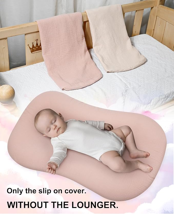 Muslin Baby Lounger Cover for Snuggle Me Organic Lounger/Baby Lounger/Organic Cotton Handmade Cover for Infant/Toddler Lounger/Nursing Pillow(Pink, Wheat)