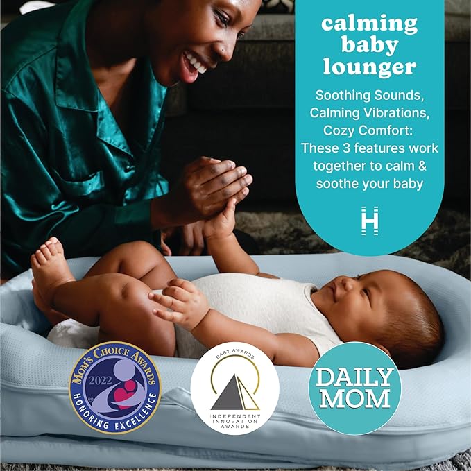 MyBaby 3-in-1 Calming Baby Cushion, Soothing Comfort for Newborns & Infants, Snuggling Sensation, Sound and Vibration, Designed for Safety, Rechargeable & Machine-Washable, by Homedics, Blue