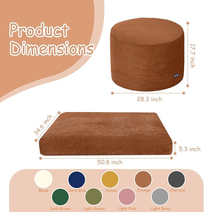 COMAX Kids Bean Bag Chair Turn into Beanbag Bed, Toddler Bean Chair Corduroy for Girl Boy Sleeping, Lazy Children Bean Bags with Filler, Convertible Child Floor Mattress, Orange