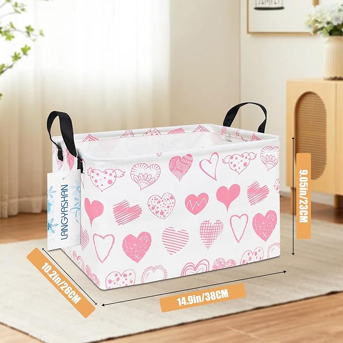 LANGYASHAN Rectangular Storage Bin Collapse Canvas Fabric Cartoon Storage Basket with Handles for Organizing Home Kitchen Boys and Girls Toys Office Closet Shelf Baskets (Rec Angel Heart)