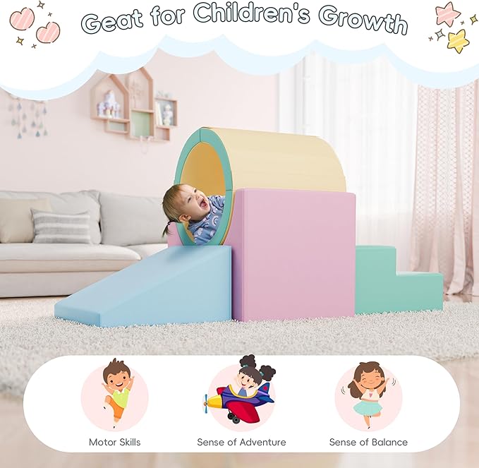 Tunnel/Ramps Foam Climber, Climb & Crawl Foam Activity Play Set for Toddlers and Kids, Safe Indoor Crawling Gym Equipment for,Infant,Baby Waterproof Easy to Clean (Pink)