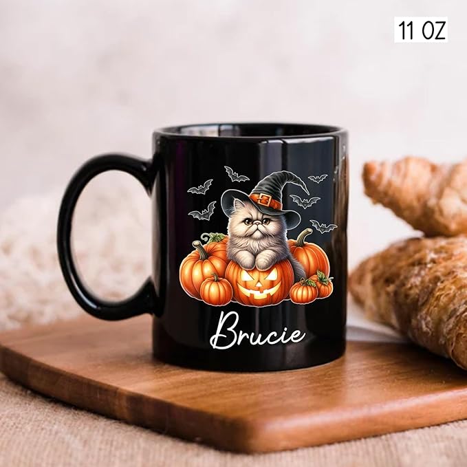 Personalized Persian Wearing Witch Hat Black Cup with Name, Customized Halloween Persian Coffee Mugs, Spooky Cat and Pumpkins Ceramic Cup 11oz 15oz, Halloween Mug Gift for Cat Lover Pet Owner