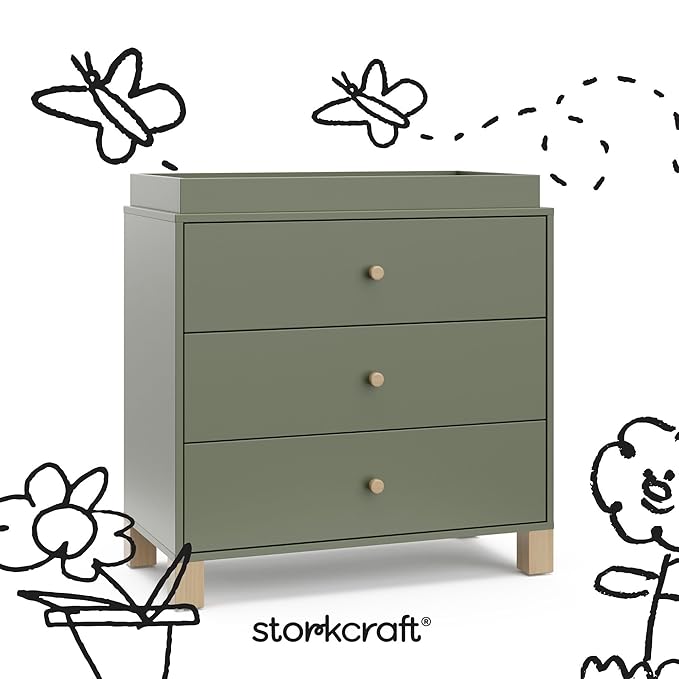 Storkcraft California 3-Drawer Chest with Removable Changing Topper (Olive with Driftwood) – GREENGUARD Gold Certified, Interlocking Drawer System, Pre-Installed Tracks, Easy Assembly