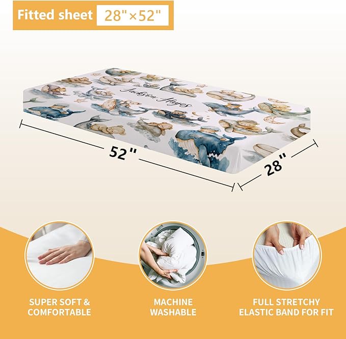 Personalized Baby Bedding Set - 5 Pcs Custom Infants Bedding Set with Infant Name - Double Layer Nursery Crib Set for Girls Boys - Customized Gifts for Toddler Baby Shower - Whales and Bears