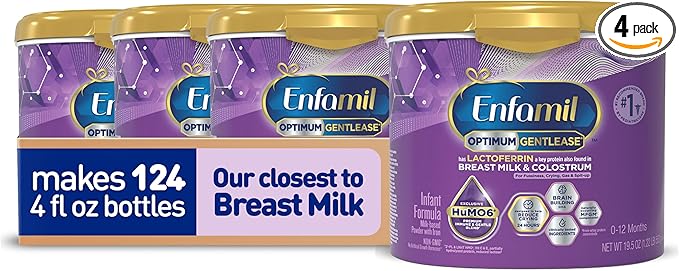 Enfamil Optimum Gentlease Baby Formula, Our Closest Formula to Breast Milk For Fussiness, Crying, Gas & Spit-up, Immune-Supporting Lactoferrin also found in Breast Milk, 19.5 Oz, Pack of 4