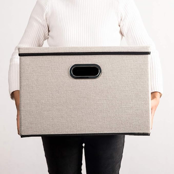 PRANDOM Large Foldable Storage Bins with Lids [5-Pack] linenFabric Decorative Storage Boxes Organizer Containers Baskets Cube(17.7x11.8x11.8) For 6+ Year Old Boys and Girls